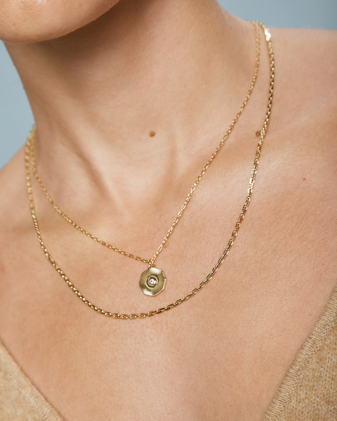 Birthstone Coin Necklace || option::18k Gold Plated, Garnet - January