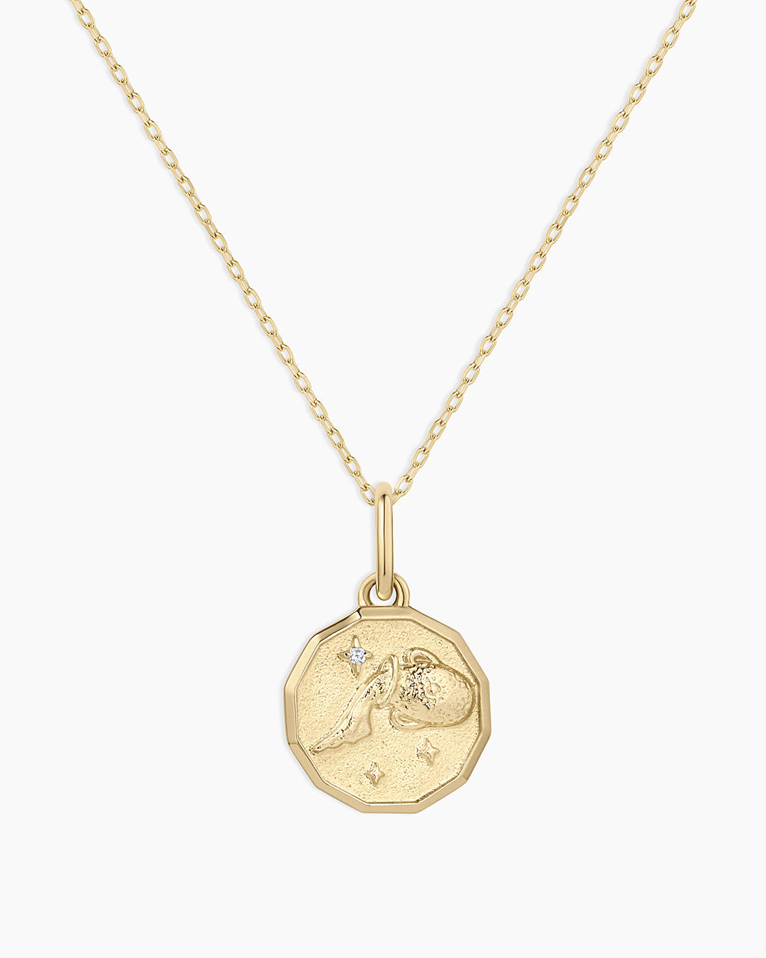 Diamond Zodiac Coin Charm Necklace || option::14k Solid Gold, Aquarius