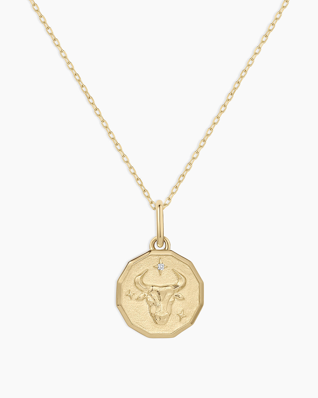 Diamond Zodiac Coin Charm Necklace || option::14k Solid Gold, Taurus