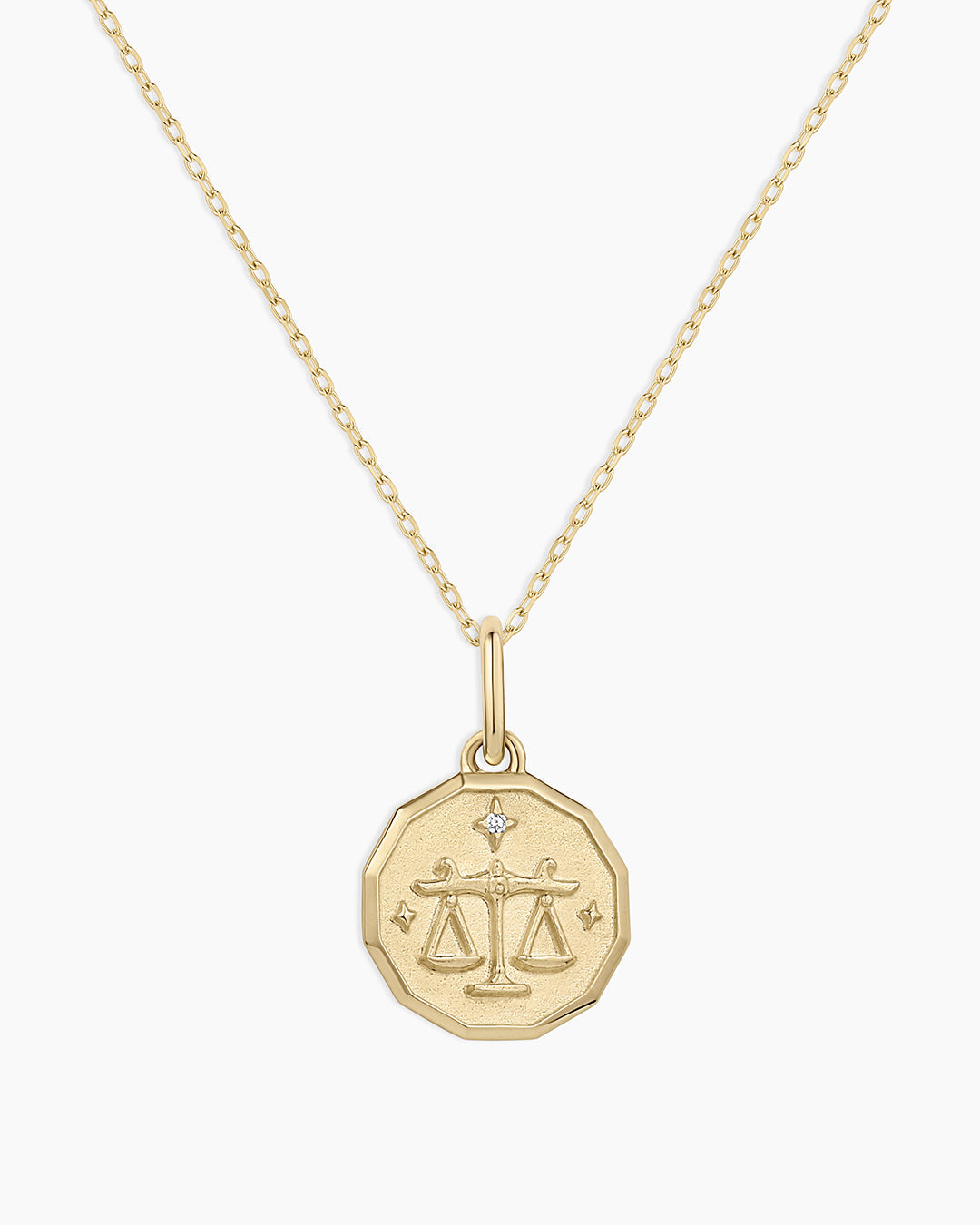 Diamond Zodiac Coin Charm Necklace || option::14k Solid Gold, Libra