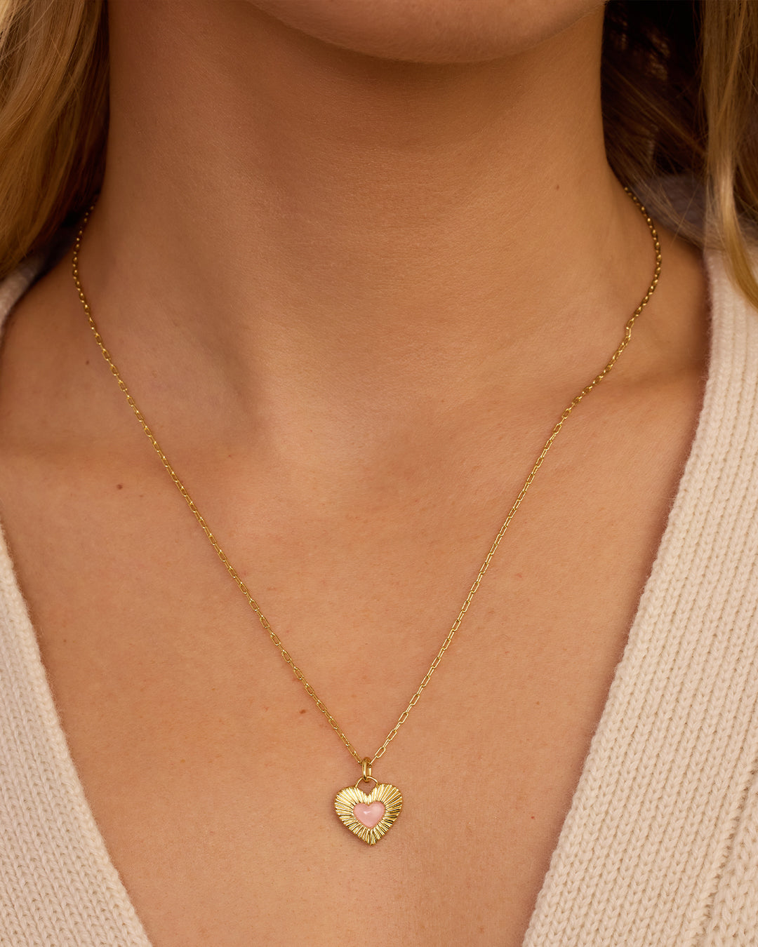 Rose Quartz Heart Necklace || option::Gold Plated, Rose Quartz