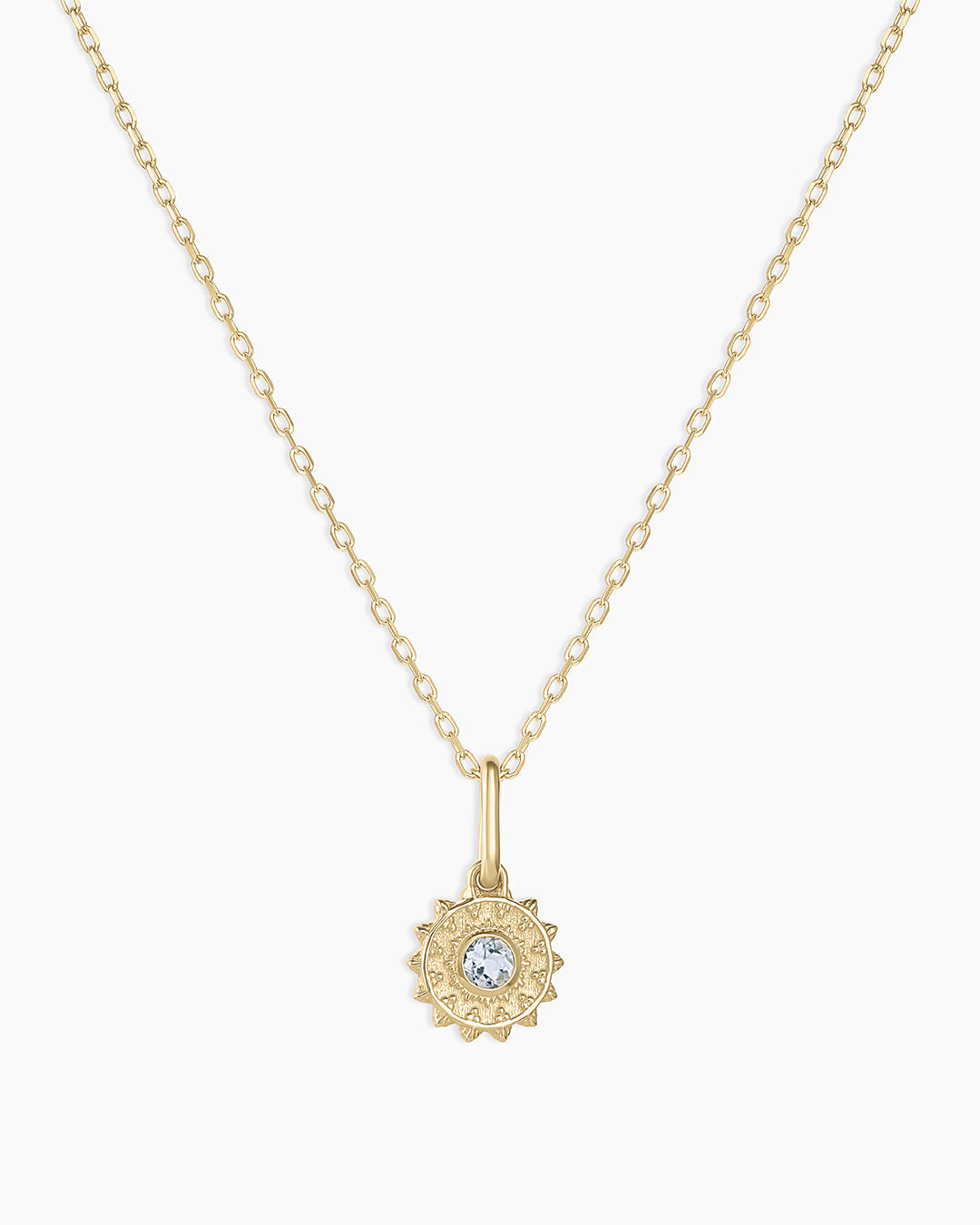 Sun Birthstone Charm Necklace || option::14k Solid Gold, Aquamarine - March