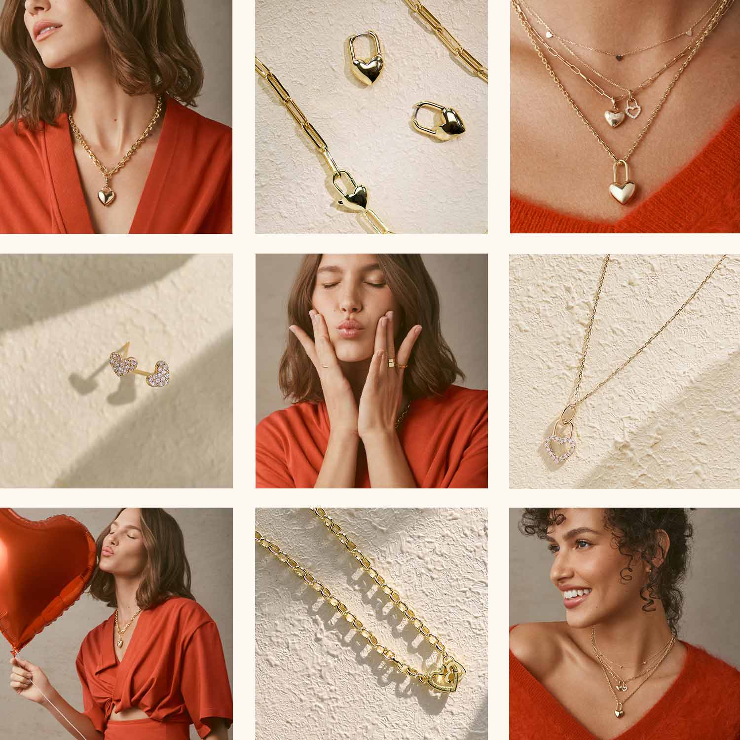 grid of images with gold jewelry and a model in red sweater