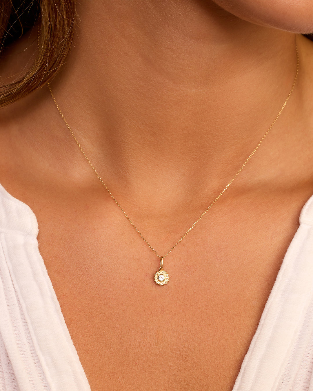 Sun Birthstone Charm Necklace || option::14k Solid Gold, White Topaz - April