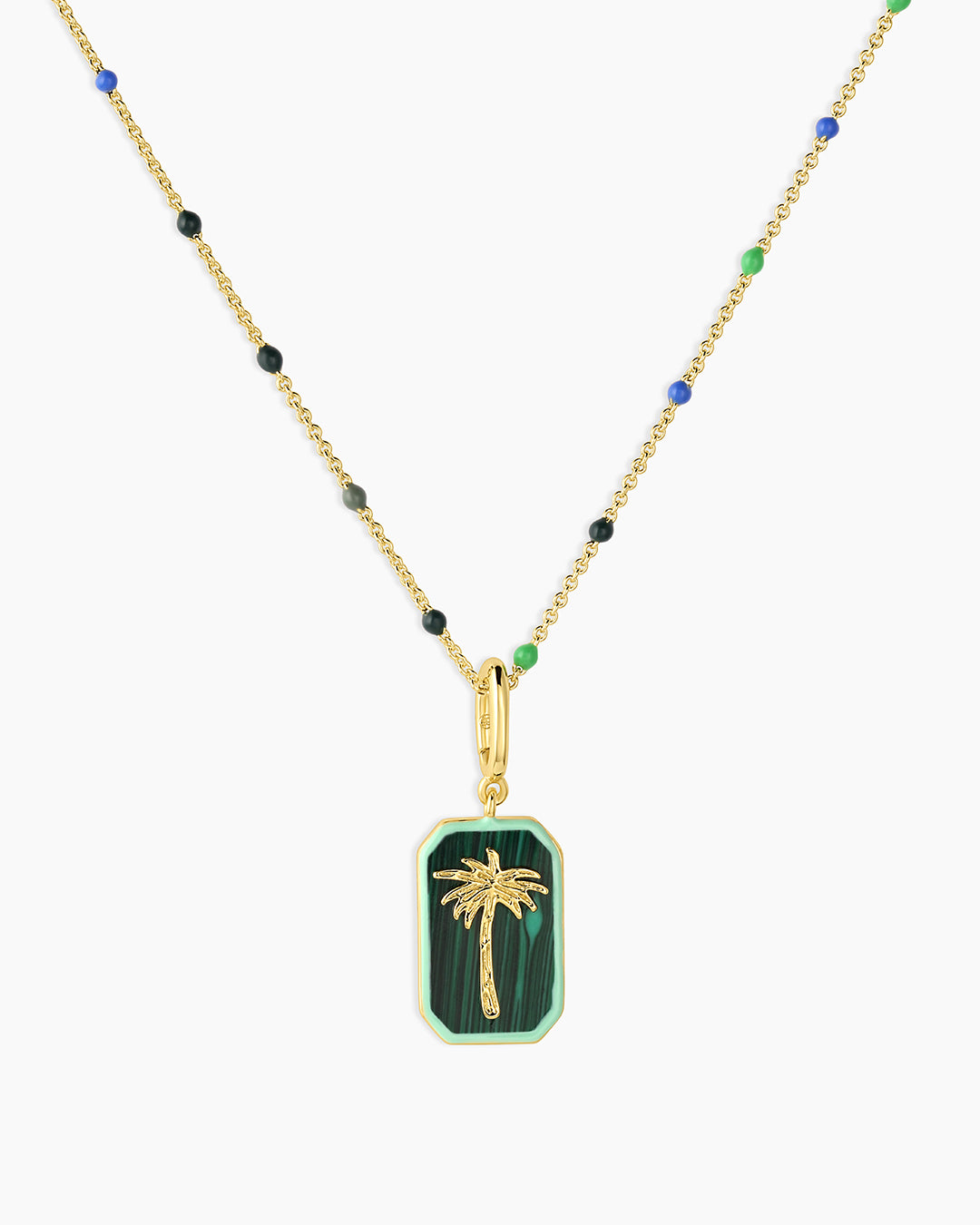 palm pendant on colorful gold and bead necklace
